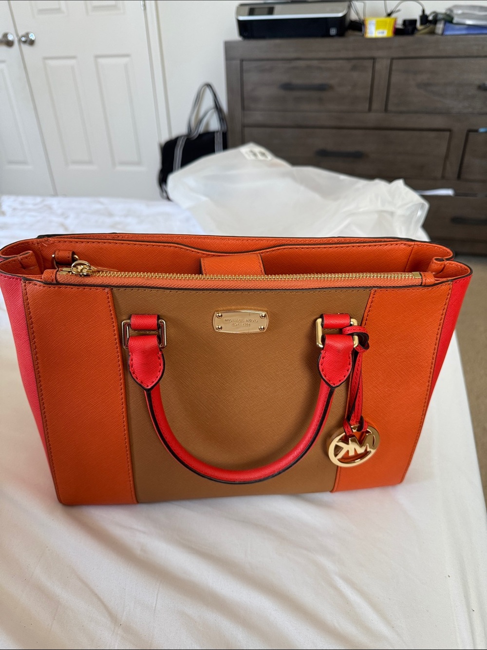 Michael Kors Orange, Tan and Red Saffiano Leather Satchel